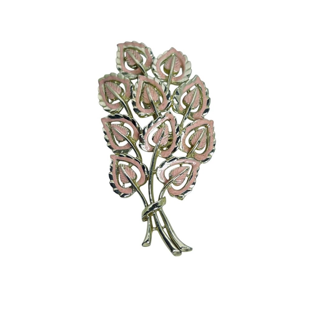 Gold Tone & Pink Enamel Bouquet Brooch W/ Matching Clip On Earrings Set (5750) - Picture 3 of 10
